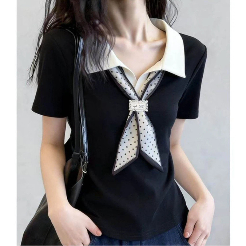 2026 สไตล์ใหม่ High-End Feeling POLO เสื้อยืดแขนสั้นผู้หญิงฤดูร้อนการออกแบบความรู้สึก Contrast สี All-Match Slimm