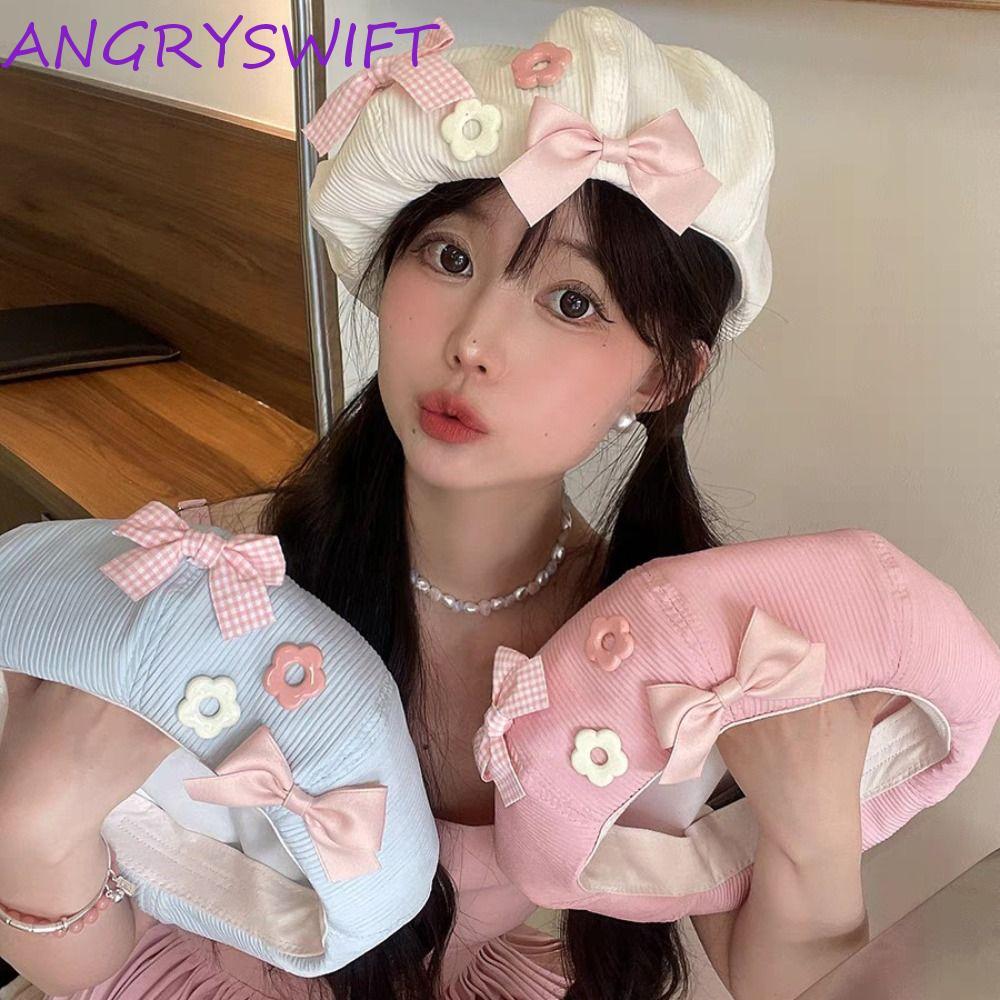 อังรีฟต์โบว์ดอกไม้ เบเร่ต์สไตล์วิทยาลัยแปดเหลี่ยม, หมวกฟักทองย้อนยุคฮาราจูกุผ้าฝ้ายสําหรับผู้หญิง
