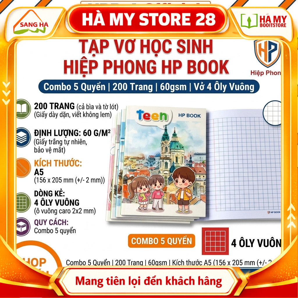 COMBO 5 โน๊ตบุ๊คนักเรียน 200 PAGES A5 PAPER 60GSM - 4 SQUARE LINED NOTEBOOKS