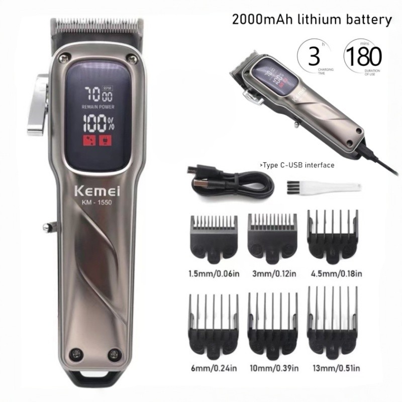 Kemei KM-1550 ปัตตาเลี่ยนผู้ชาย มีจอแสดงผล LED เสียงเงียบ ชาร์จ USB ความจุแบตเตอรี่สูง ปัตตาเลี่ยนผม