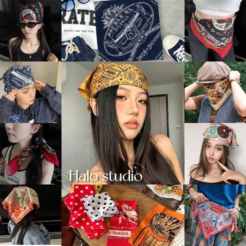 Halo studio พร้อมส่ง 🔥ผ้าเช็ดหน้าผ้าฝ้ายสไตล์คาวบอยตะวันตกแบบอเมริกัน ย้อนยุคสไตล์ฮิปฮอป 55*55 ซม.