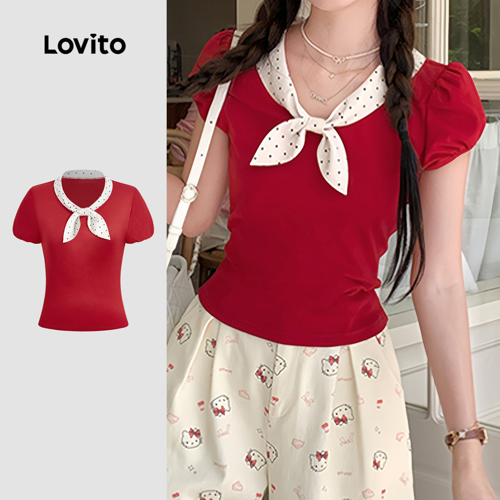 Lovito เสื้อยืดน่ารัก สีแดง สำหรับผู้หญิง เหมาะสำหรับฤดูใบไม้ผลิ/ฤดูร้อน L159AD441