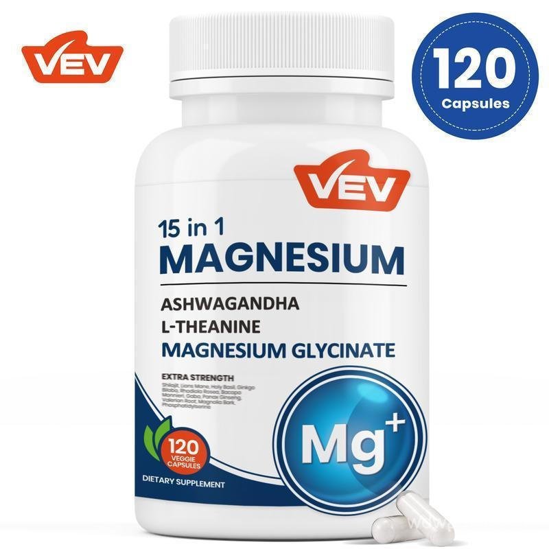 VEV 15 in 1 Magnesium Citrate & Glycinate Complex Capsules, Cortisol รองรับ Ashwagandha & L-Theanine