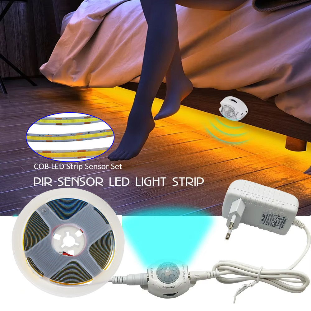 12V COB PIR Motion Sensor ไฟ LED Strip 320LEDs/M อัตโนมัติเปิด/ปิดบันไดตู้เสื้อผ้าห้องครัว Backlight มนุษย์อินฟราเรด Sensing EU Plug