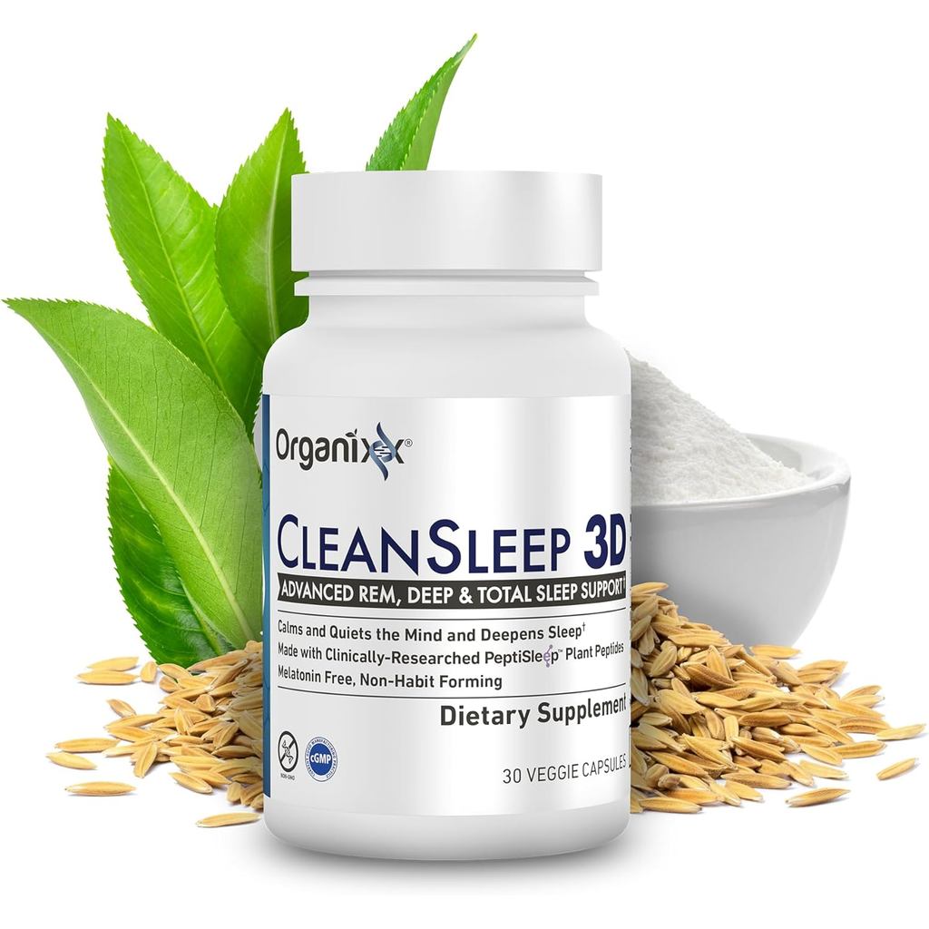 Organixx Clean Sleep 3D, อาหารเสริมนอนหลับไร้เมลาโทนินพร้อม L Theanine, GABA, และเปปไทด์เพื่อส่งเสริมการผ่อนคลายและพยุงนอน สูตรวีแกน, แดรี่, ถั่วเหลืองและกลูเตนฟรี, ไม่ใช่ G