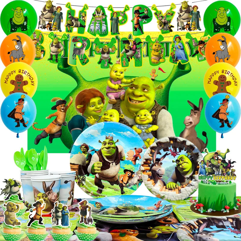 Shrek Party Supplies,112pcs Shrek วันเกิดตกแต่งและเครื่องใช้บนโต๊ะอาหารชุด-Shrekt Party แผ่นผ้าปูโต๊