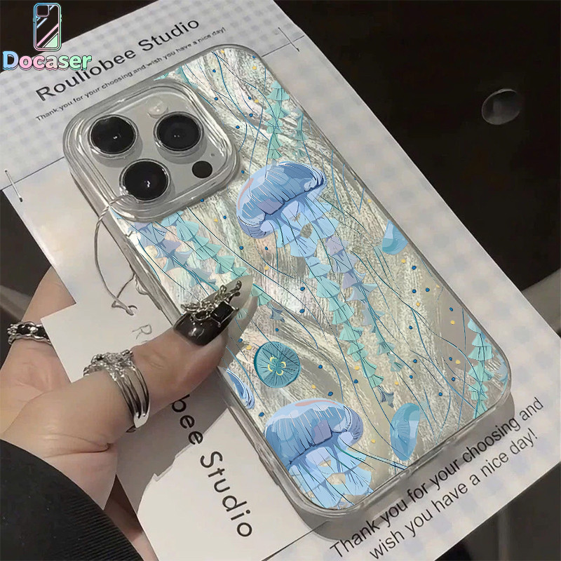 เคสไอโฟน สำหรับ iPhone 17 16 15 Pro Max 11 12 13 14 Pro Max X XR XS Max 7Plus 8Plus แมงกะพรุนสีน้ำเงิน สำหรับผ้าสีไอศรี