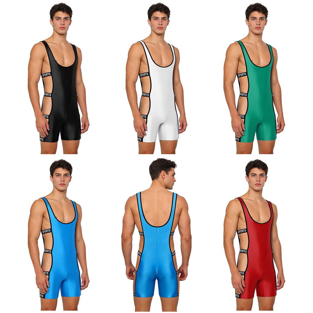 Yeahdor Mens Oil-shiny ออกกําลังกายบอดี้สูท Low Neckline Strappy Side Cutout พร้อมวงยืดหยุ่นกางเกงบ็อกเซอร์ด้านล่างชุดว่ายน้ําชิ้นเดียวสําหรับเพาะกายว่ายน้ํา