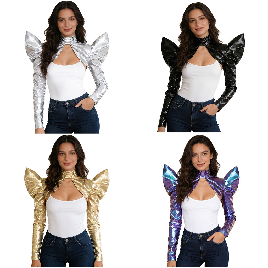 Yeahdor Womens Iridescent Metallic Shoulder Shawls อนาคตแขนยาวคอเต่าเปิดด้านหน้ากลับซิป Bolero คาร์ดิแกนสําหรับปาร์ตี้ฮาโลวีนแต่งตัว