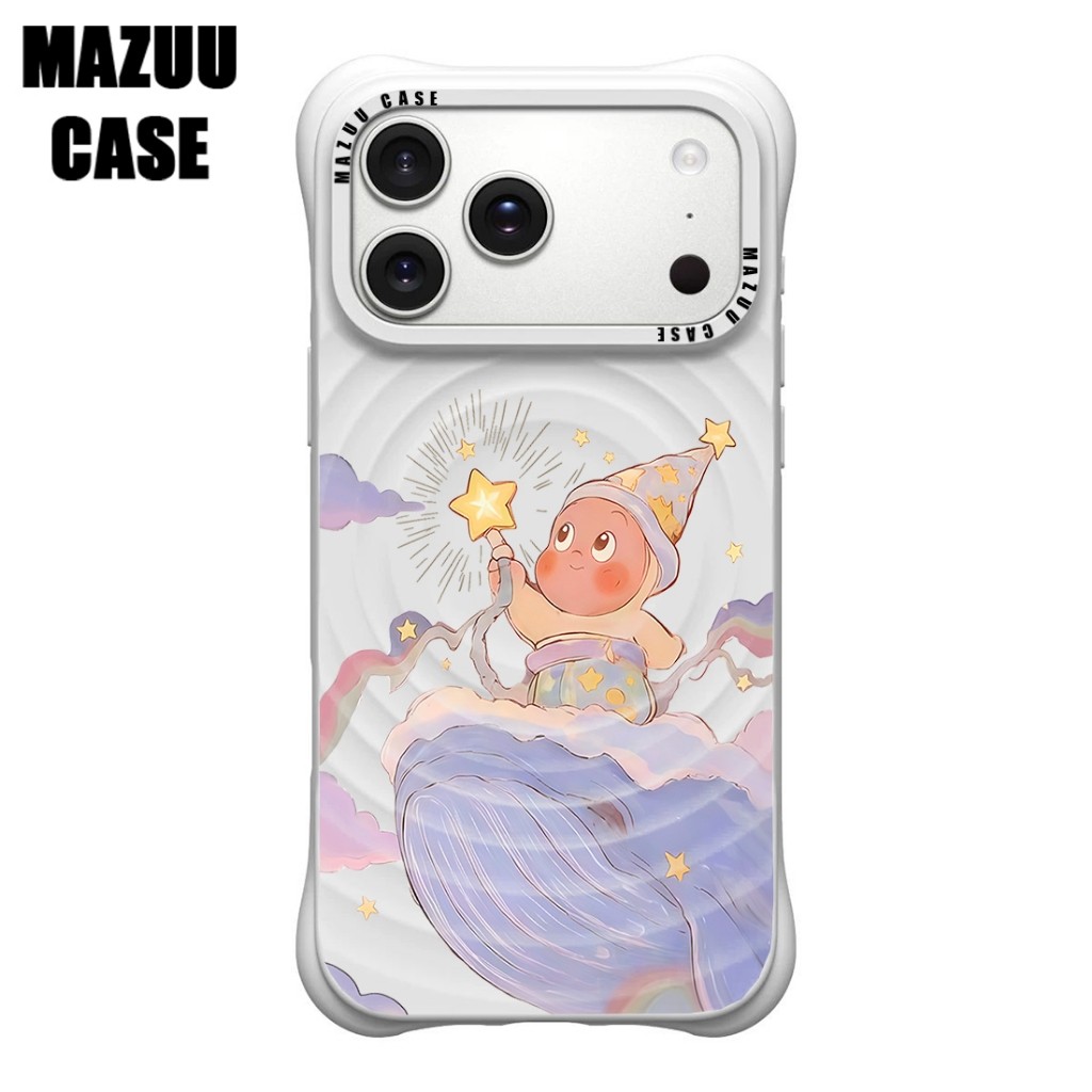 เคสไอโฟน ซิลิโคนสีขาว แม่เหล็ก กันกระแทกมุม ลายตัวการ์ตูน Twinkle บนวาฬสายรุ้ง สำหรับ iPhone 17 16 15 14 13 12 11 Pro Ma