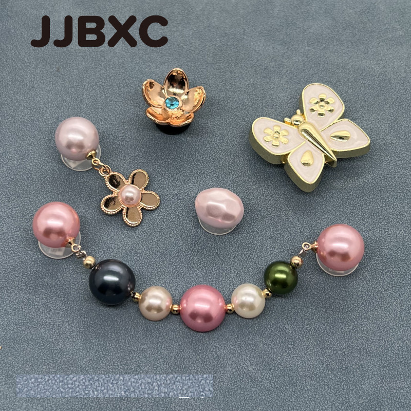 JJBXC ตัวติดรองเท้า ดอกไม้มุก จี้ห้อยโซ่ โลหะ อุปกรณ์ตกแต่งรองเท้า DIY