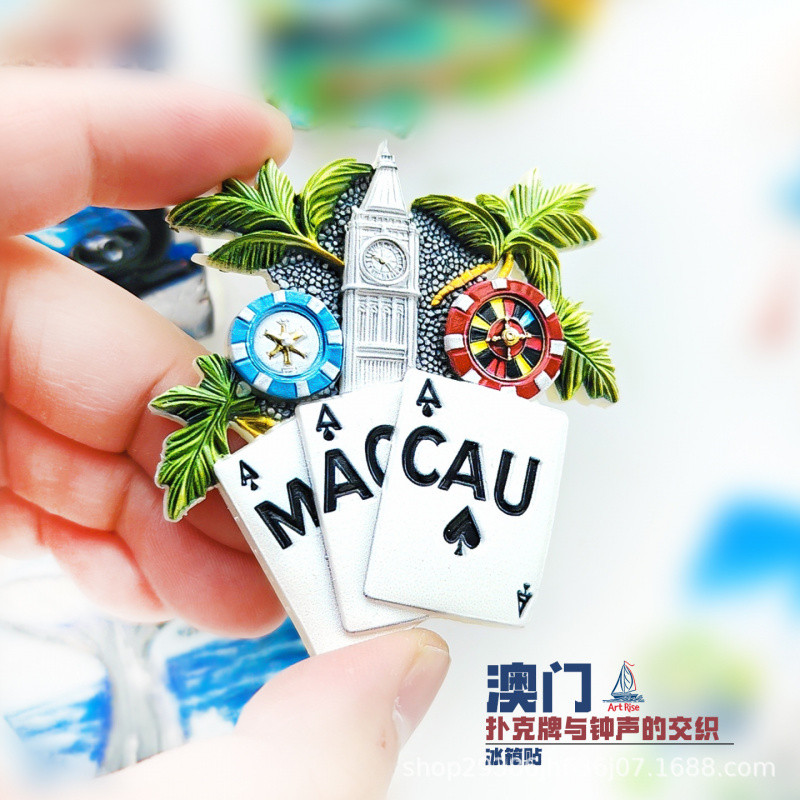 มาเก๊า ลักษณะเล่นไพ่ชิปโน๊ตบุ๊คขนาดใหญ่นาฬิกาตู้เย็นสติกเกอร์สามมิตินูนของที่ระลึกการเดินทางบันทึกสติกเกอร์แม่เหล็กตู้เย็นสติก