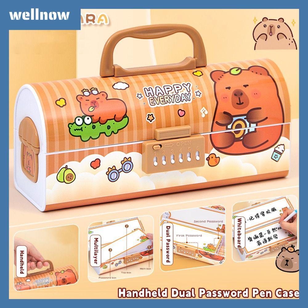 WELLNOW กล่องใส่ปากกา, ดินสอมือถือ Capybara คุณภาพสูง Multi-Function พร้อมรหัสผ่านล็อคความจุขนาดใหญ่เครื่องเขียน Organizer ของขวัญนักเรียน