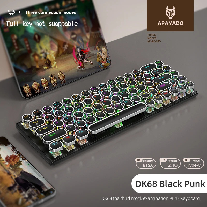 คีย์บอร์ดเชิงกล Punk ไร้สาย DK68APAYADO Dynamic RGB Lighting, การเชื่อมต่อสามโหมด Bluetooth 68 คีย์,