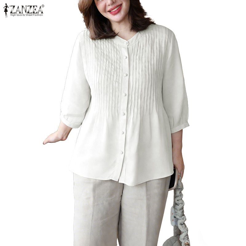 ZANZEA ซานเซีย สไตล์เกาหลีสำหรับผู้หญิง แขนสามส่วนสี่ มีกระดุมและขอบจีบ ใส่สบายตลอดทั้งปี