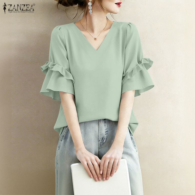 ZANZEA เสื้อผ้าแฟชั่นเกาหลี ทรง Elegant V-neck พร้อมกระดุมระบายสองชั้น เหมาะสำหรับวันสำคัญหรือโอกาสพิเศษ — صورة 5