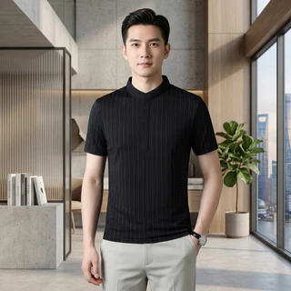Chaistyle เสื้อยืดผู้ชาย คอตั้งโปโล มีกระดุม ลายทาง แบบบาง รัดรูป สบายๆ รุ่นใหม่ ระบายอากาศได้ดี เย็นสบาย