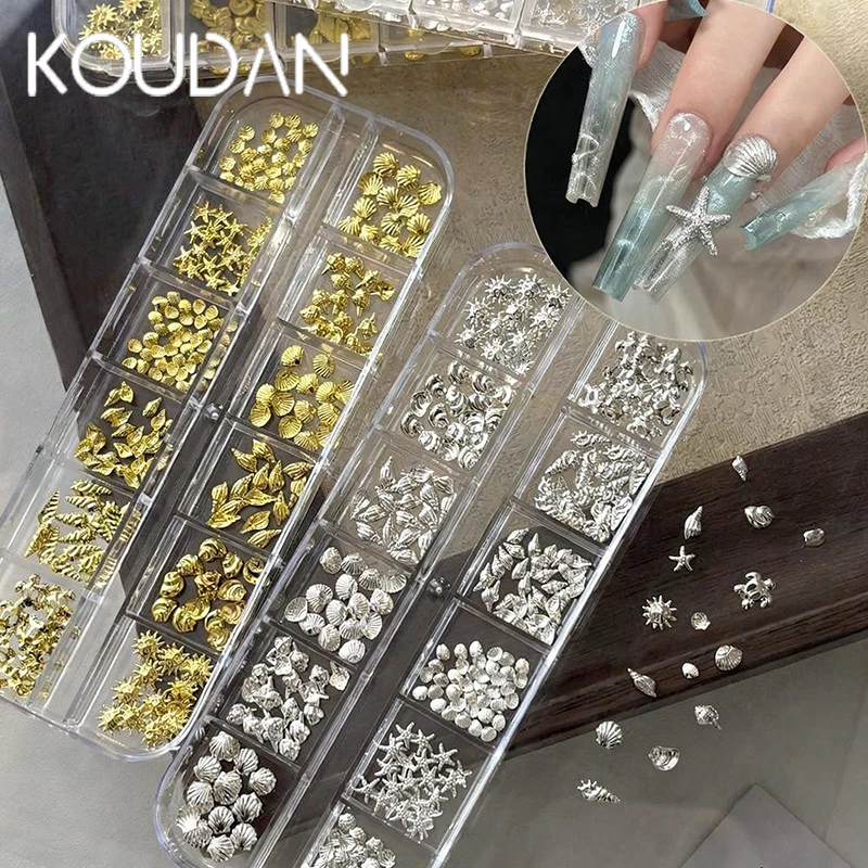 ฤดูร้อน Ocean Theme สติกเกอร์เล็บเปลือกปลาดาว Moon Charms ทองเงิน 12 กริด DIY ตกแต่งเล็บ KOULDAN