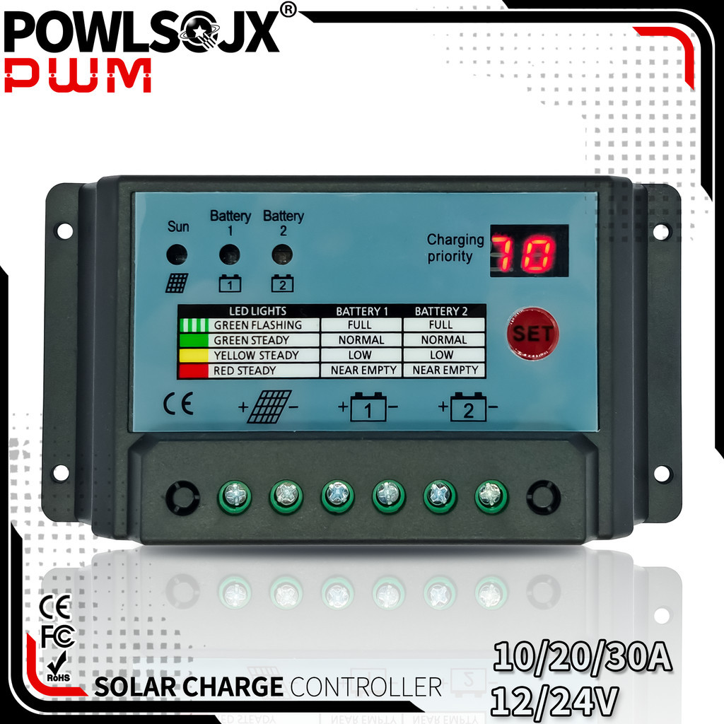 POWLSOJX Dual Battery Solar Charge Controller 10A -30A 12 V/24 V Auto PWM Regulator สําหรับ RV C