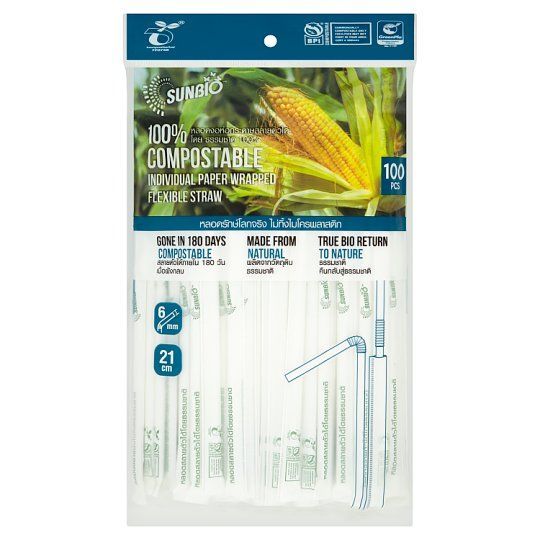 [สินค้าส่งด่วน] SUNBIO หลอดงอย่อยสลายห่อกระดาษ100 เส้น SUNBIO PAPER WRAPPED FLEXIBLE STRAW100PC