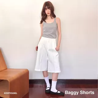 KEEPYOUNG [S-3XL] กางเกงขาสั้น 24 นิ้ว เอวสูง 2 จีบหน้า เก็บทรงสวย ผ้าหนา รุ่น BAGGY SHORTS