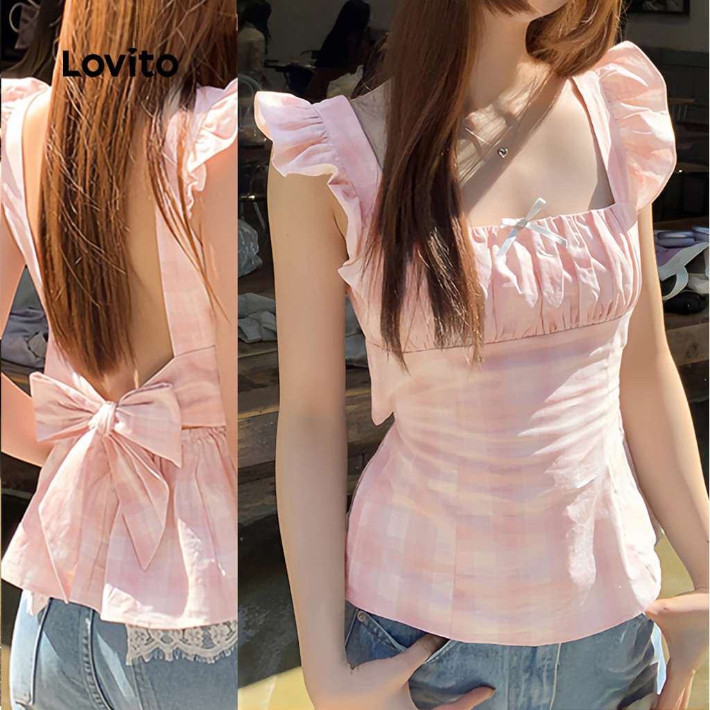 Lovito เสื้อเบลาส์น่ารัก ผูกโบว์ สวมใส่สบาย เหมาะสำหรับฤดูใบไม้ผลิ/ฤดูร้อน สีชมพู สำหรับผู้หญิง L139AD384