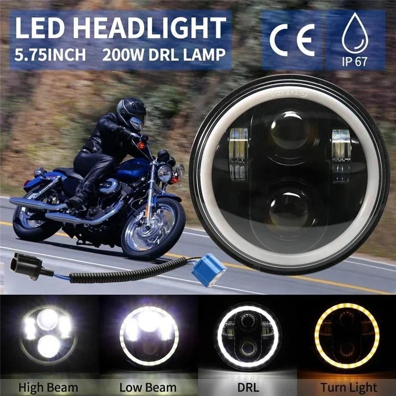 5.75 นิ้ว H4 รถจักรยานยนต์ LED ไฟหน้าสีขาว DRL Angel eyes สําหรับ Harley Davidson Dyna Sportster Her