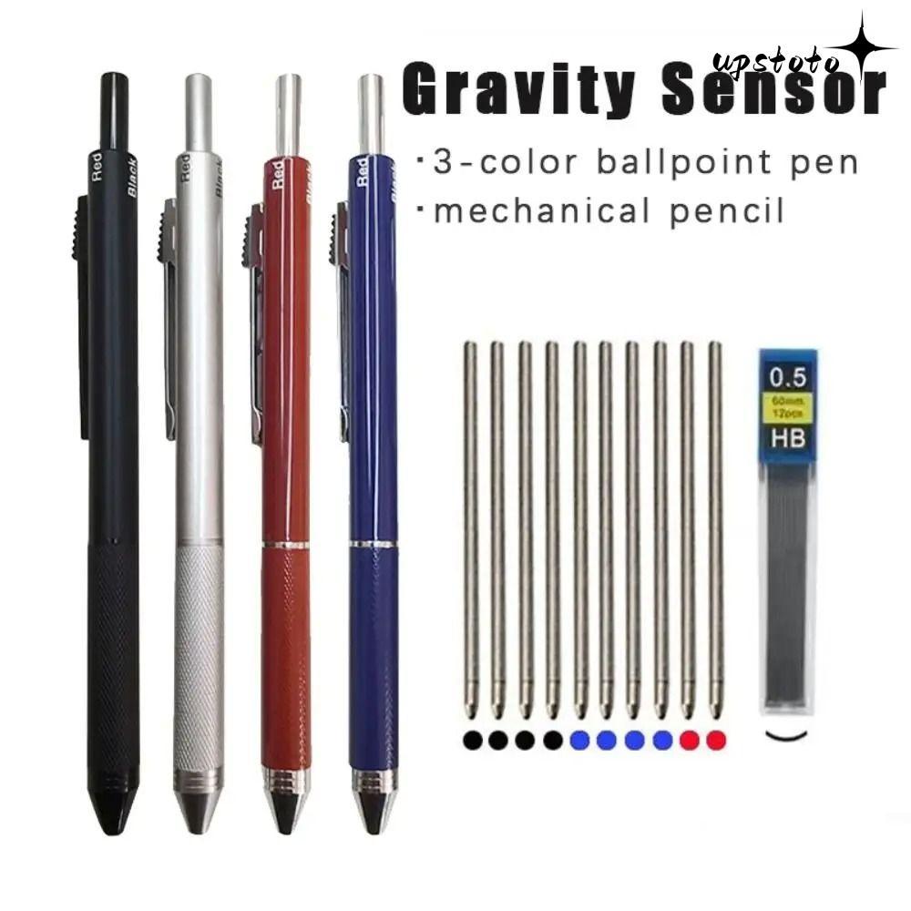 ปากกามัลติฟังก์ชั่น UPSTOTO, ปากกาตรวจจับแรงโน้มถ่วงโลหะแบบกด, Creative 4 in 1 3 สีปากกาเจลหมึกโรงเรียน Office