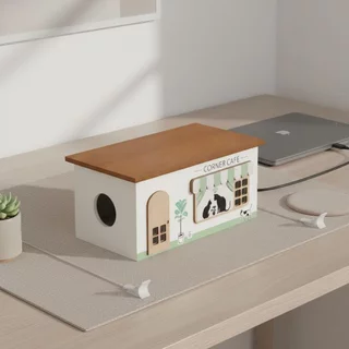 Tidy & Organizing กล่องการจัดการสายไฟไม้ ดีไซน์กลวงออก ที่จัดระเบียบสายไฟดีไซน์คาเฟ่สําหรับสํานักงาน ห้องนั่งเล่น