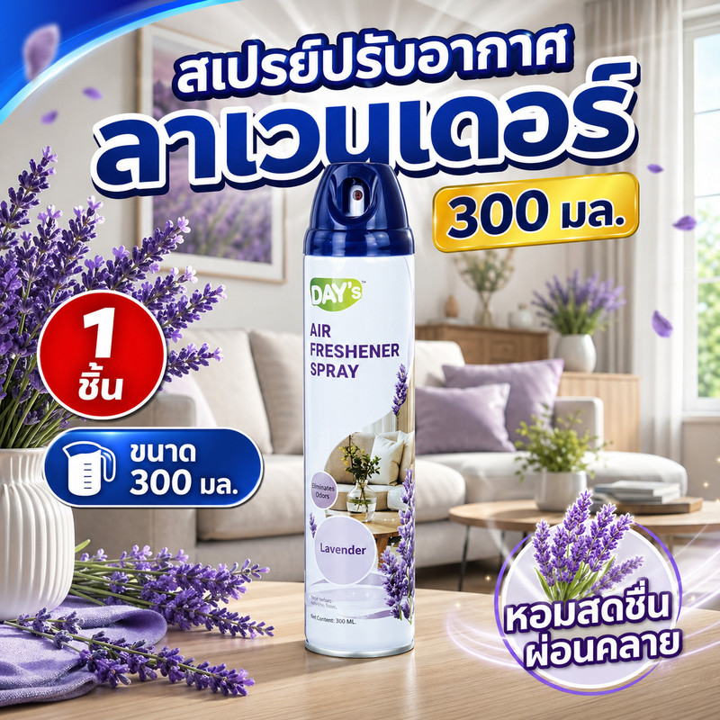 DAY'S สเปรย์ปรับอากาศ กลิ่นลาเวนเดอร์ 300 มล. (1 ชิ้น) ช่วยลดกลิ่นไม่พึงประสงค์ เหมาะใช้ในบ้าน รถยนต์ ห้องน้ำ ห้องนอน สำ
