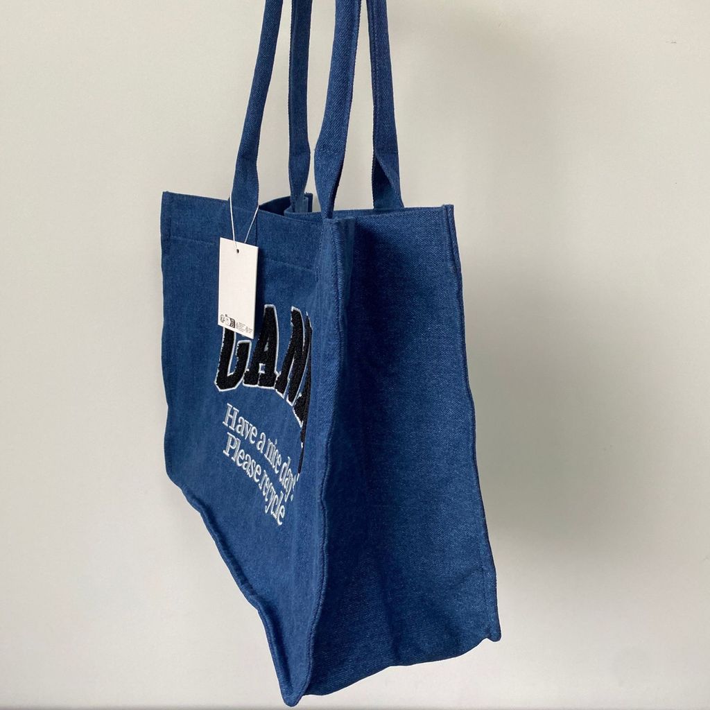 GANNI Letter ผ้าขนหนูปัก Denim ผ้าใบกระเป๋าช้อปปิ้งกระเป๋าผู้หญิงไหล่ Tote Bag