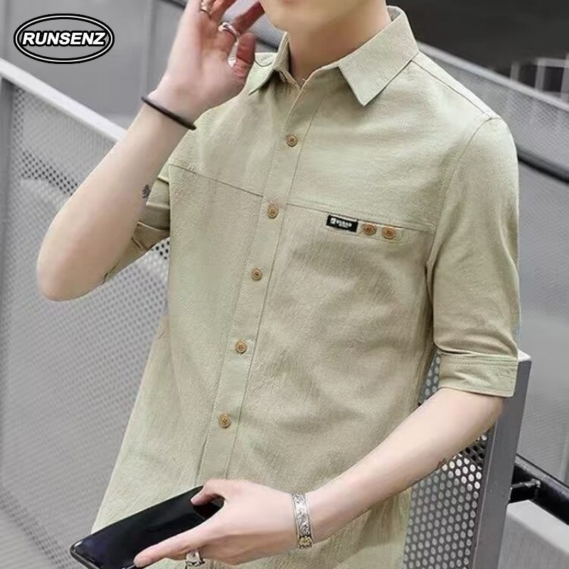 M-8XL เสื้อเชิ้ตทํางานผ้าลินินผู้ชายขนาดบวกแขนสั้นสีทึบเสื้อลําลองธุรกิจ