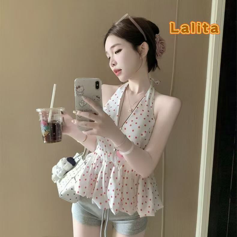 Lalita ส่งไวจากไทย เสื้อยืดผู้หญิง แขนกุด ลายจุด คล้องคอ หวานเซ็กซี่ ใส่แล้วสวย
