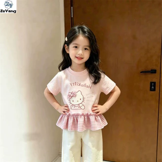 [ZY] 80-130 พร้อมสต็อกเด็กเสื้อยืดแขนสั้นลําลองสีชมพู Ruffled ลายสก๊อต T หญิงน่ารัก Bottoming เสื้อการ์ตูน All-Match Top เสื้อผ้าเด็กแฟชั่น Fast Shipping