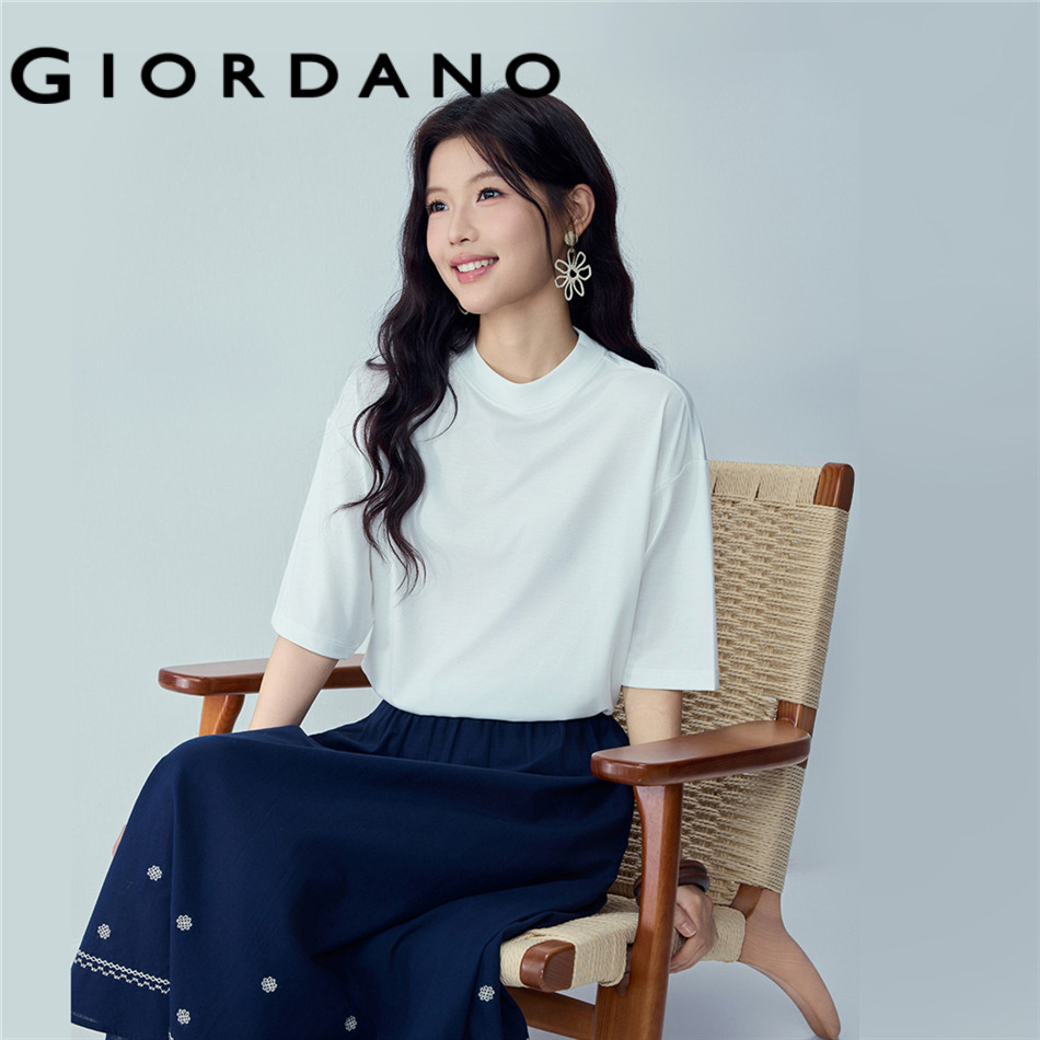 GIORDANO WOMEN Solid color mock neck 1/2 sleeve loose tee 05326431