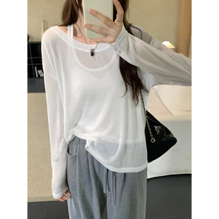 B&R พร้อมส่ง เสื้อคลุมกันแดดผ้าบางเซ็ต 2 ชิ้น สำหรับผู้หญิง ฤดูร้อน เสื้อยืดแขนยาวเสื้อกล้ามสไตล์ชิลๆ ขนาดM-2XL