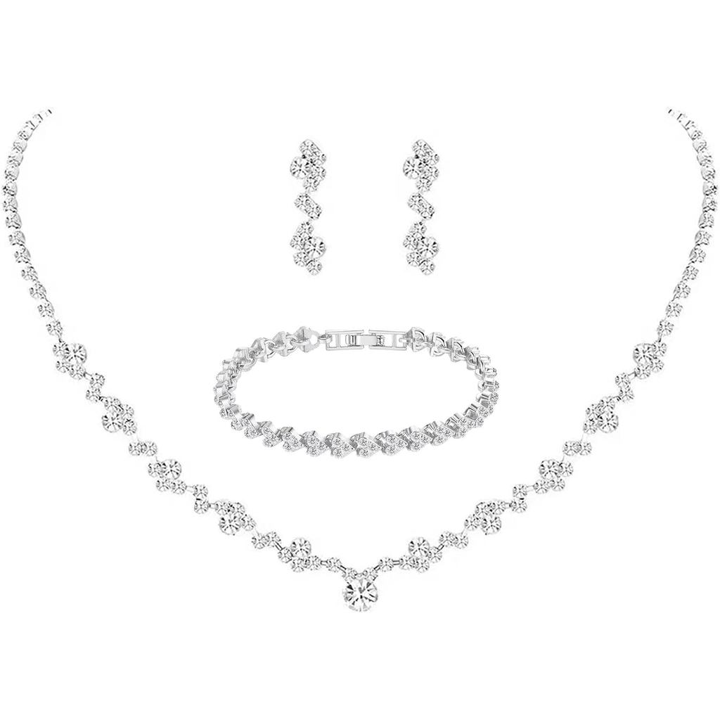 CrystalWeddingJewelrySet,Silverสร้อยคอสร้อยคอสร้อยข้อมือคริสตัลBridalWeddingJewelrySetsforBridesBaid
