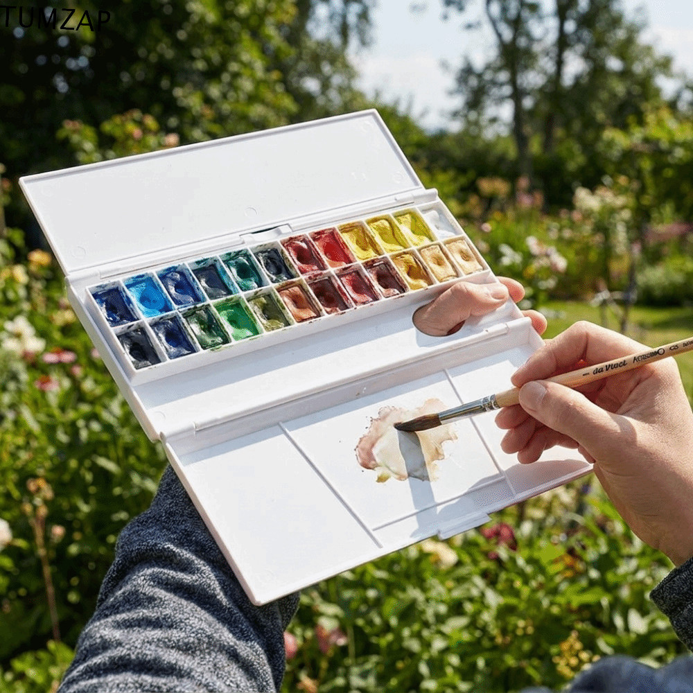 TUMZAP สีน้ํากล่อง,พับ Professional Travel จิตรกรรม Palette,วาดเครื่องมือReusable DIY 24 กริดสีถาดนักเรียน
