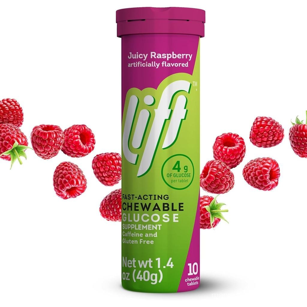 Lift Glucose Fast-Acting Glucose Chewable Energy Tablets, Raspberry, 10 ct Tube (แพ็ค 12 ชิ้น)