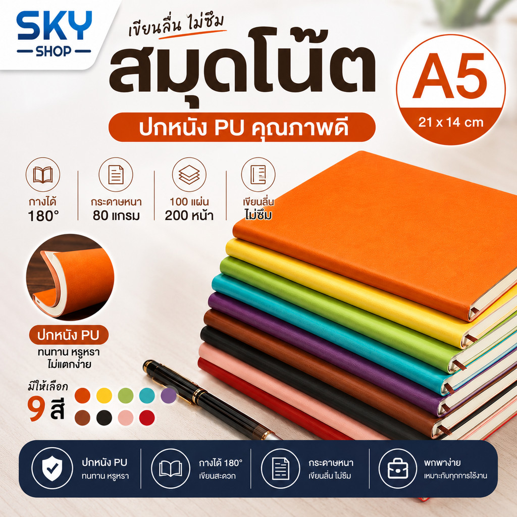 SKY สมุดโน๊ต A5 ปกหนัง PU สีสัน สมุดบันทึก 100 แผ่น 200 หน้า กระดาษหนา เขียนลื่น กางได้ 180° Writing Notebook Diary