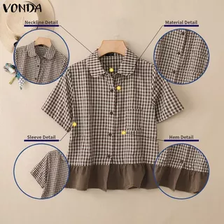 VONDA เสื้อผ้าสไตล์เกาหลีสำหรับผู้หญิง ลายสก๊อตวินเทจ แขนสั้นและขอบกระโปรงห่อนิ่มน่ารัก