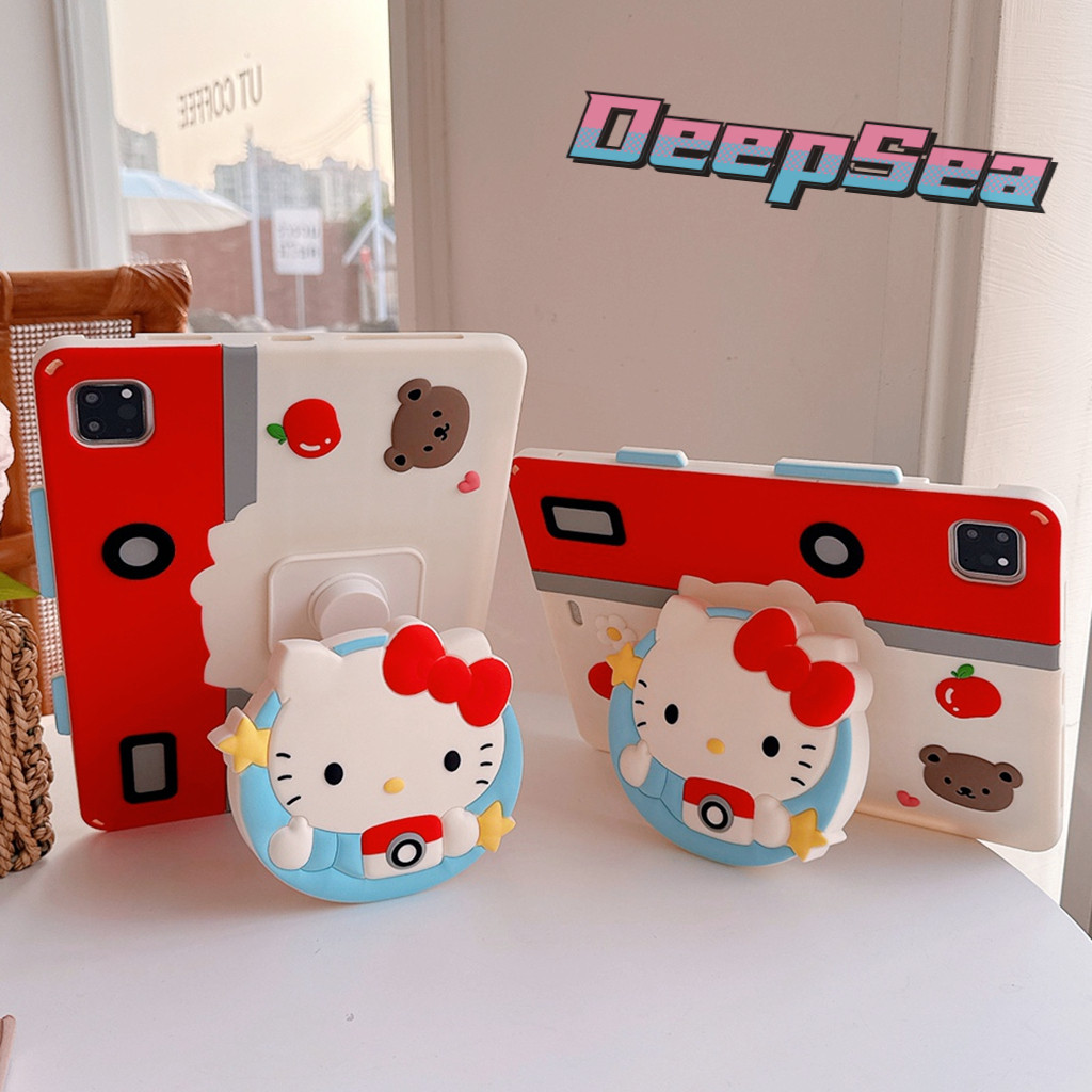 สําหรับ iPad 10.2 mini 1/2/3/4/5/6 Air 2025 6Pro 10.9 Pro 11 เคสซิลิโคนกันกระแทกน่ารักสีแดง Bowknot Hello Kitty Soft Fall-proof ฝาครอบป้องกันเปลือกหมุนได้ขาตั้งพับได้