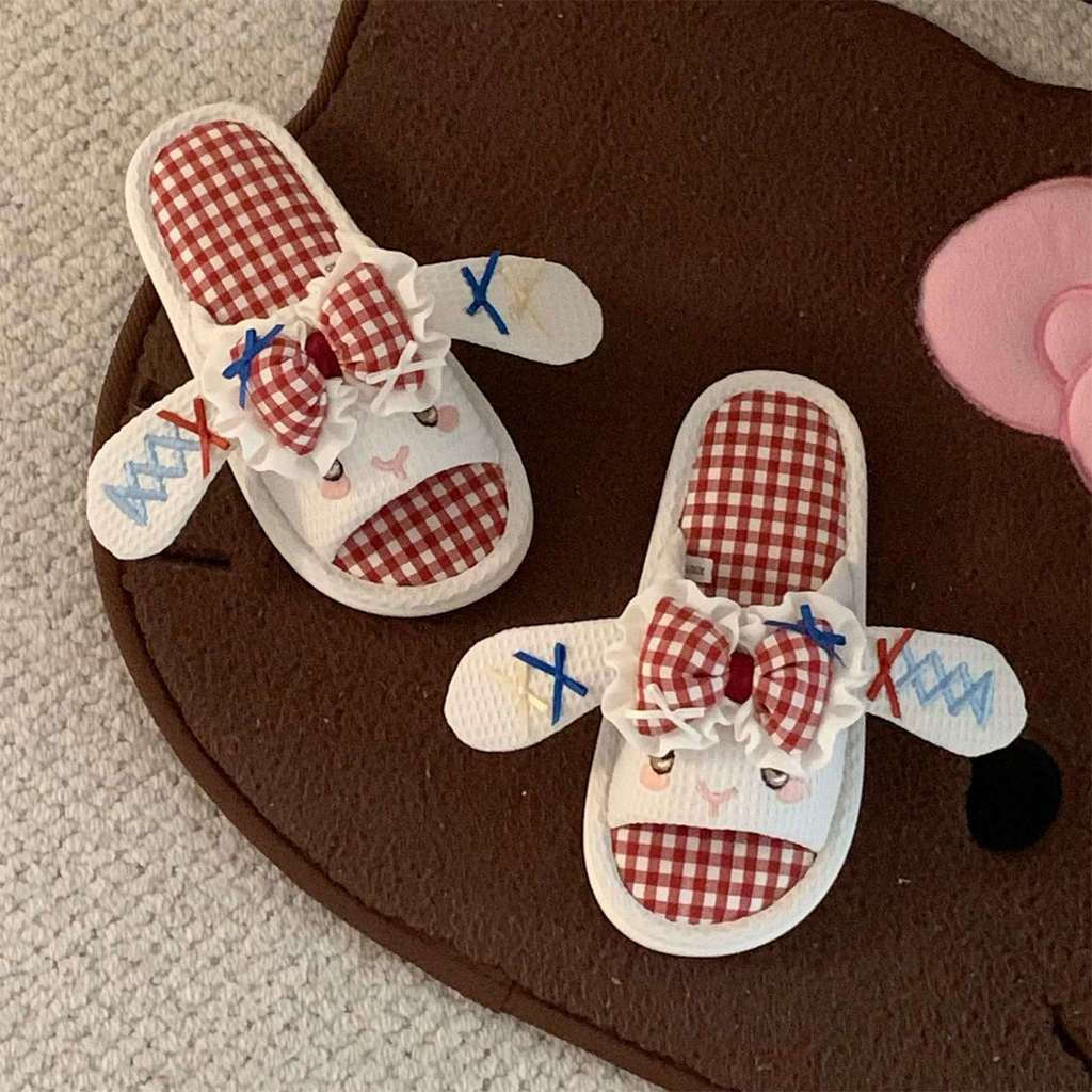 JUA Thin Strip  Lolita Bowknot Rabbit Cotton Linen Slippers for All Seasons, Cute Bedroom Home Non-S