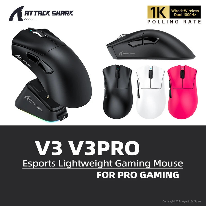 Attack Shark V3 V3PRO Esports เมาส์ไร้สาย 1K Hz PAW3311 400IPS 40G 25000DPI,65g ขวามือ Ergonomic OMR