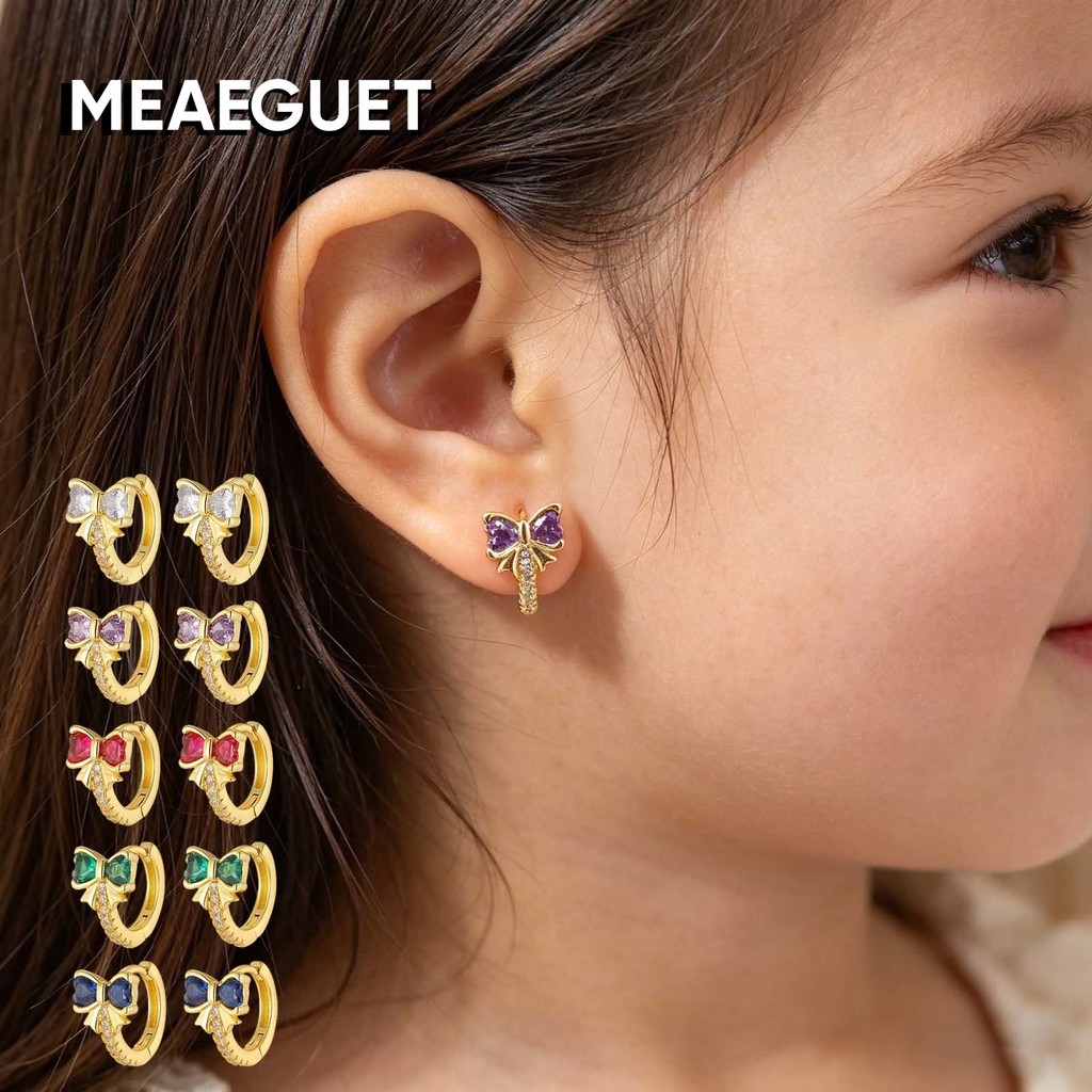 MG Gold Plated Baby Kids Huggie ต่างหู Hypoallergenic Click Top Butterfly Flower Design