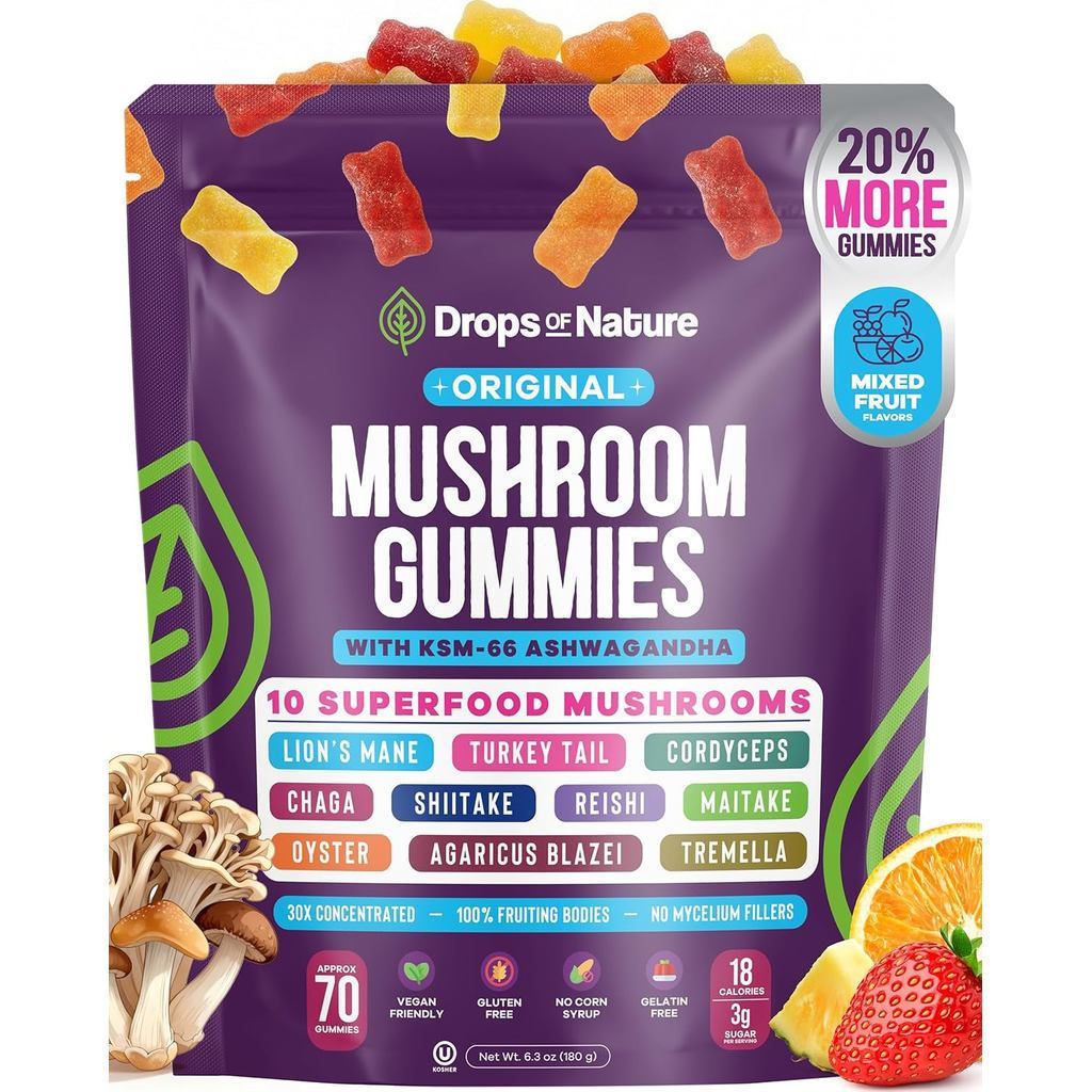DropsOfNatureMushroomGummies10-in-1withK-66Ashwagandha–sManeTurkeyTailCordycepsScarticleTremellaOyst