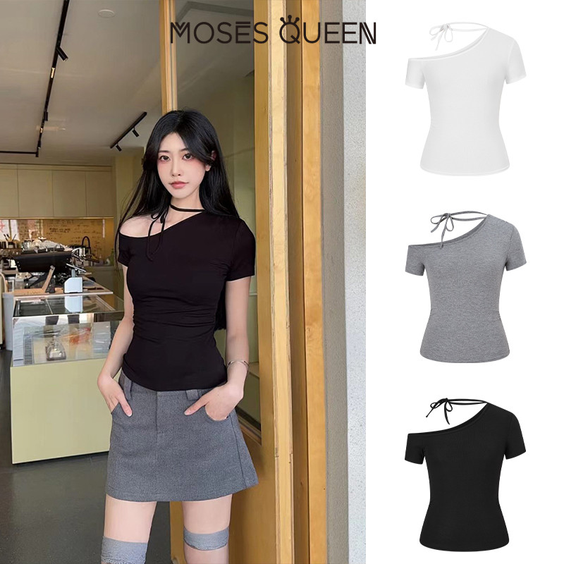 MOSESQUEEN เสื้อยืดแขนสั้นสายเดี่ยว คอวี สไตล์หวานและเผ็ดสำหรับผู้หญิง เข้ารูปและเซ็กซี่  #63639