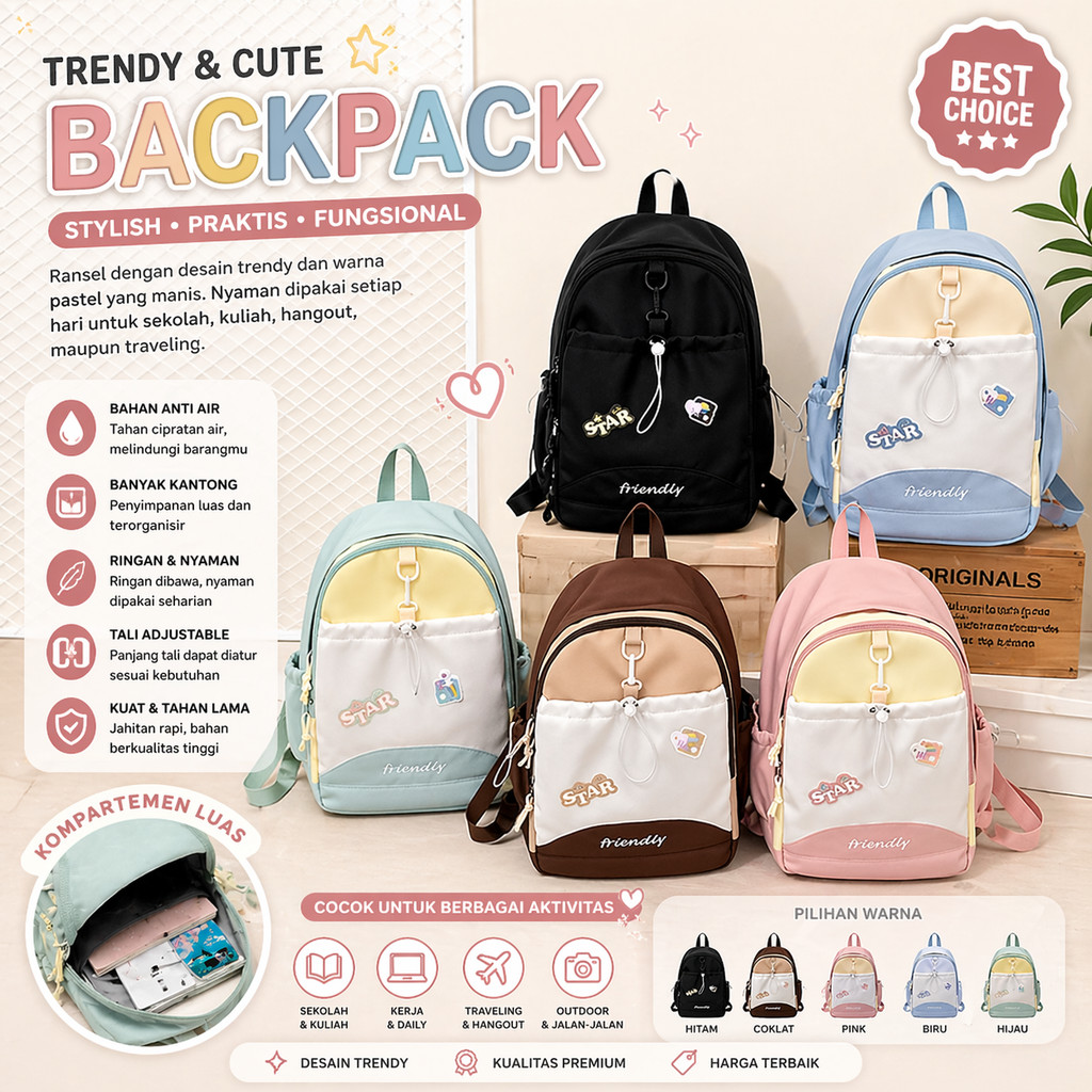Aesthetic Cute Backpack Pastel Stylish Womens Backpack เหมาะกับ Laptop Daily Bag 02#
