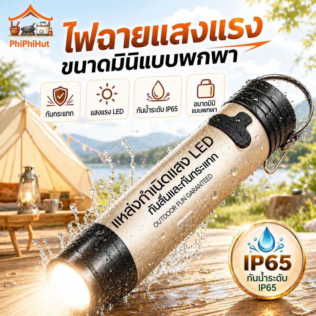 PPH ไฟฉายแสงแรงขนาดมินิแบบพกพา ไฟฉาย LED กันน้ำระดับ IP65 กันกระแทก
