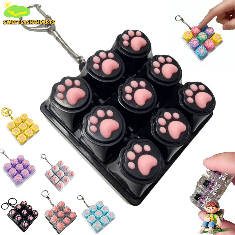 SWEE พวงกุญแจ Fidget, รูปแมว 9 คีย์คีย์บอร์ด Clicker ของเล่น, ปุ่มปุ่มกดแบบพกพาบรรเทาความเครียดนิ้วมือคีย์บอร์ดหมวกผู้ที่ชื่นชอบ